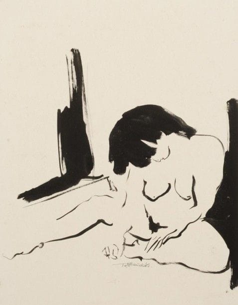 Robert NICOÏDSKI (1931-2001){CR}Femme nue dessinant{CR}Encre de chine.{CR}Signée en bas au milieu.{CR}68 x 53 cm
