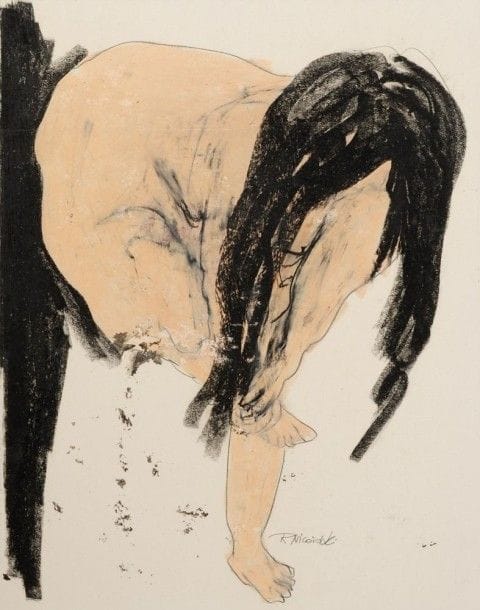 Robert NICOÏDSKI (1931-2001){CR}Femme nu se tenant le pied{CR}Pastel gras.{CR}Signé en bas à droite.{CR}68 x 53 cm