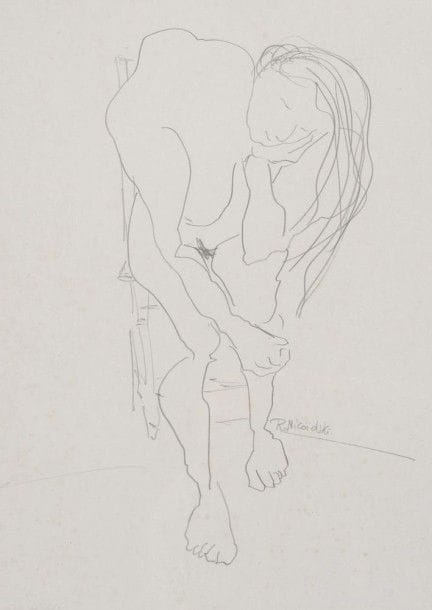 Robert NICOÏDSKI (1931-2001){CR}Femme pensive - Nu{CR}2 dessins au crayon.{CR}Signés en bas à droite.{CR}48 x 35 cm et 58 x 48 cm