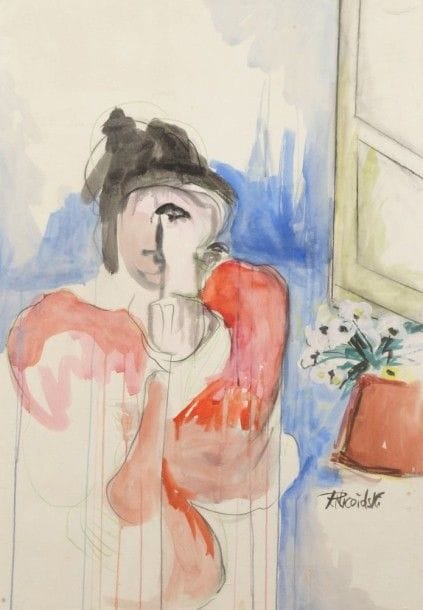 Robert NICOÏDSKI (1931-2001){CR}Femme accoudée{CR}Aquarelle.{CR}Signée en bas à droite.{CR}101 x 71 cm