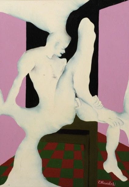 Robert NICOÏDSKI (1931-2001){CR}Homme nu assis{CR}Huile sur panneau.{CR}Signée en bas à droite.{CR}101 x 71 cm