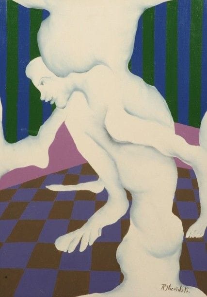 Robert NICOÏDSKI (1931-2001){CR}Homme accroupi{CR}Huile sur panneau.{CR}Signée en bas à droite.{CR}101 x 71 cm