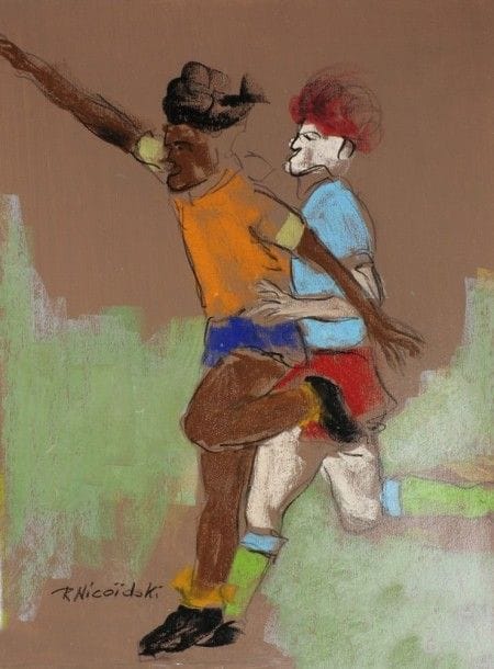 Robert NICOÏDSKI (1931-2001){CR}Footballeurs{CR}3 pastels gras.{CR}Signés.{CR}63 x 48 cm chaque