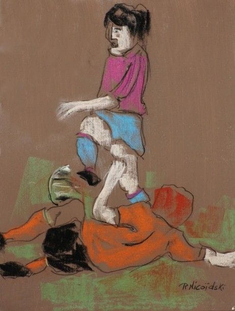 Robert NICOÏDSKI (1931-2001){CR}Footballeurs{CR}2 pastels gras.{CR}Signés.{CR}63 x 48 cm chaque