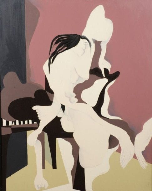 Robert NICOÏDSKI (1931-2001){CR}Le couple au piano{CR}Huile sur toile.{CR}Signée au dos.{CR}146 x 114 cm