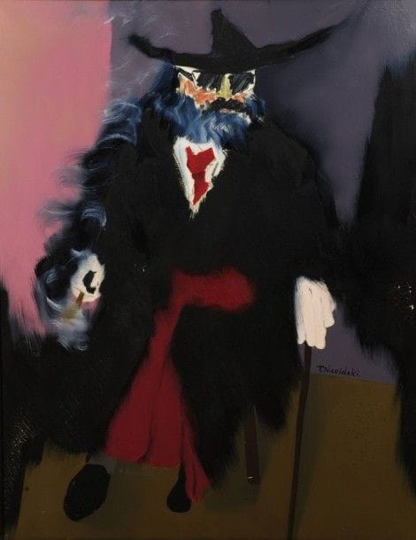 Robert NICOÏDSKI (1931-2001){CR}Homme assis{CR}Huile sur toile.{CR}Signée en bas à droite.{CR}(Manques).{CR}146 x 114 cm