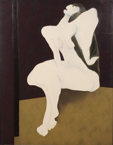 Robert NICOÏDSKI (1931-2001){CR}Femme assise{CR}Huile sur toile.{CR}Signée au dos.{CR}146 x 114 cm