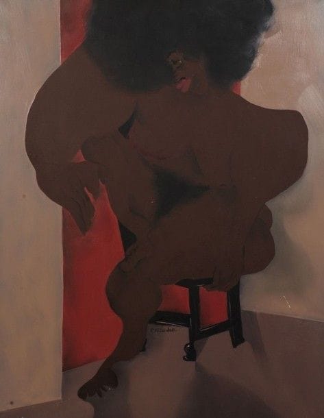 Robert NICOÏDSKI (1931-2001){CR}Femme noire assise{CR}Huile sur toile.{CR}Signée en bas au milieu.{CR}(Griffure).{CR}146 x 114 cm