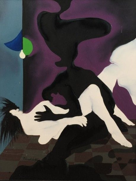 Robert NICOÏDSKI (1931-2001){CR}Couple la nuit{CR}Huile sur toile.{CR}Signée en bas à gauche.{CR}116 x 89 c m