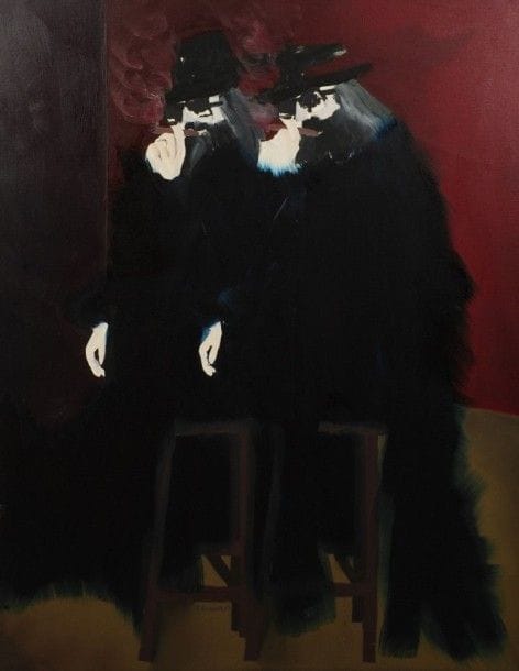 Robert NICOÏDSKI (1931-2001){CR}Deux hommes au cigares{CR}Huile sur toile.{CR}Signée au dos.{CR}146 x 114 cm