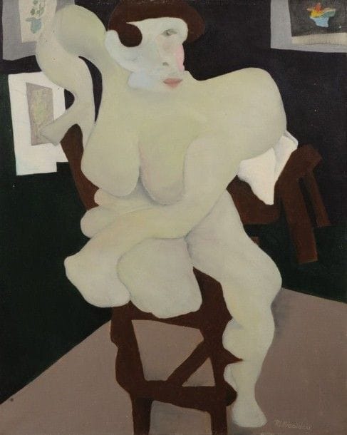 Robert NICOÏDSKI (1931-2001){CR}Femme assise{CR}Huile sur toile.{CR}Signée en bas à droite.{CR}81 x 65 cm