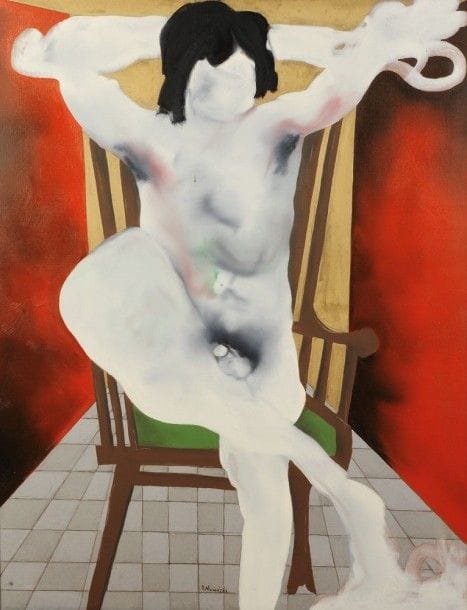 Robert NICOÏDSKI (1931-2001){CR}Homme au fauteuil{CR}Huile sur toile.{CR}Signée en bas au milieu.{CR}146 x 114 cm