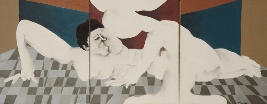 Robert NICOÏDSKI (1931-2001){CR}Nu masculin{CR}Huile sur toile en tryptique.{CR}Signée en bas à droite.{CR}55 x 140 cm
