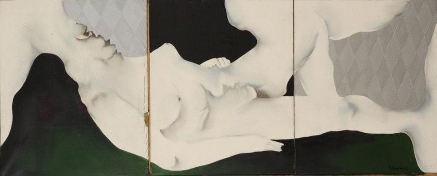 Robert NICOÏDSKI (1931-2001){CR}Femme nue étendue{CR}Huile sur toile en tryptique.{CR}Signée en bas à droite.{CR}(Accidents à un panneau).{CR}73 x 182 cm