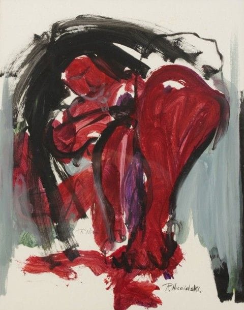 Robert NICOÏDSKI (1931-2001){CR}Personnage rouge{CR}Acrylique sur carton.{CR}Signée en bas à droite.{CR}67 x 53 cm