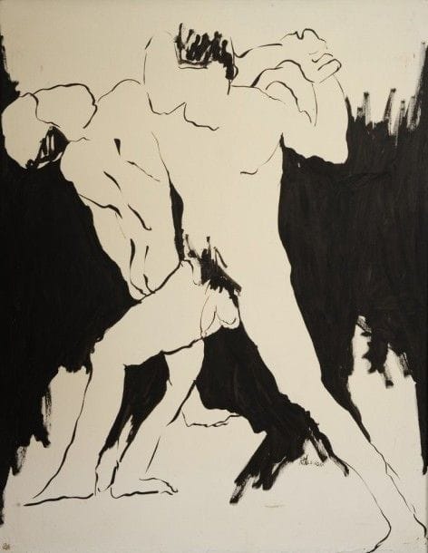 Robert NICOÏDSKI (1931-2001){CR}Nu masculin{CR}Huile sur toile.{CR}Signée en bas à droite.{CR}(Manques et craquelures).{CR}146 x 114 cm