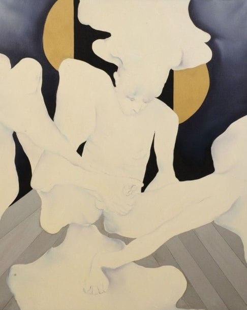 Robert NICOÏDSKI (1931-2001){CR}Nu assis{CR}Huile sur toile.{CR}Signée au dos.{CR}146 x 114 cm