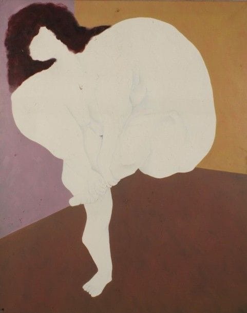 Robert NICOÏDSKI (1931-2001){CR}Nu se tenant le pied{CR}Huile sur toile.{CR}Signée au dos.{CR}162 x 130 cm