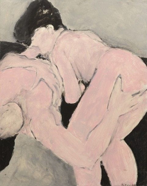 Robert NICOÏDSKI (1931-2001){CR}Couple enlacé{CR}Huile sur toile.{CR}Signée en bas à droite.{CR}81 x 65 cm