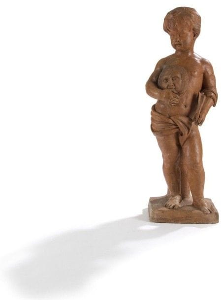 Attribué à ROUCOURT (actif en Flandres dans la deuxième moitié du XVIIIe siècle)

Allégorie de la Vertu
Grande statuette en terre cuite. 
H.: 87 cm
Dernier quart du XVIIIe siècle.
Petits accidents visibles.
Actif en Flandres dans la deuxième moitié du XVIIIe siècle, Roucourt multiplie les sujets savants et allégoriques à l'image de cette représentation de la Vertu, caractéristique de sa manière (canon ramassé des figures, goût pour les attributs). Ici, le soleil dans la main symbolise la vertu qui réchauffe le c?ur, tandis que la pique représente le vice. Le musée des arts décoratifs conserve une Allégorie de la Sculpture, tandis qu'une suite de statuettes conservées au château d'Hex, signées et datées Roucourt 1772 Bruxelles, sert de point d'appui pour l'attribution de cette allégorie à ce sculpteur décoratif wallon