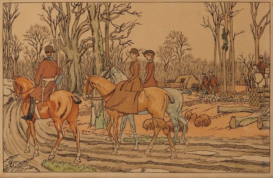 Maurice TAQUOY (1878-1952)

Départ pour la chasse, 1910
Pochoir.
Signé et daté en bas à droite.
Copyright Devambez.
31 x 48 cm
