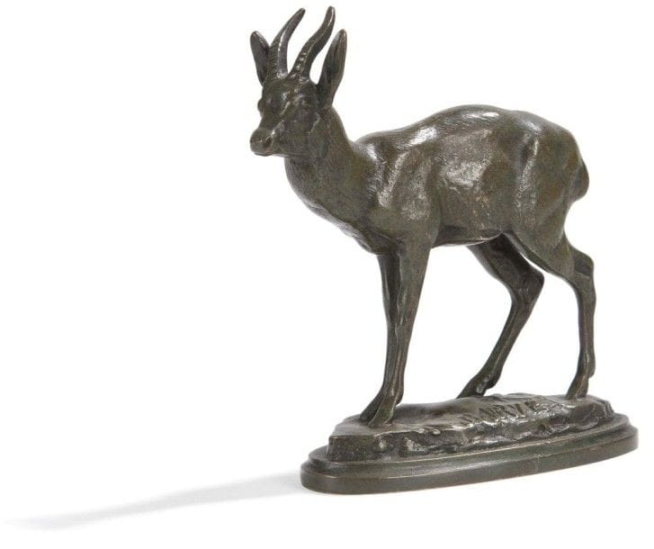Antoine-Louis BARYE (1795-1875)

Kevel.
Bronze à patine brun-vert nuancée.
Signé sur la terrasse. 
Marque du fondeur Ferdinand Barbedienne. 
H.: 11 cm
Terrasse: 9 x 3 cm
Bibliographie: 
Poletti-Richarme, Barye, Paris, 2000, modèle répertorié sous le numéro A 173, p. 318 du catalogue raisonné