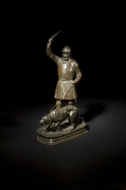 Edouard Paul DELABRIERRE (1829-1912)

Le piqueux et son chien
Groupe en bronze à patine brune nuancée.
Signé sur la terrasse.
H.: 45 cm; L.: 23 cm
Petit accident à la cravache