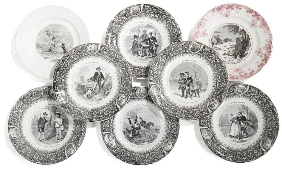 KELLER et GUERIN à LUNEVILLE

Six assiettes à dessert en faïence fine à thème de chasse.
D.: 19,5 cm
On joint deux autres assiettes sur le même thème