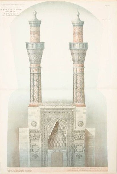 RAYMOND (Alexandre)

L'art islamique en Orient.
- Vieilles faïences turques en Asie mineure et à Constantinople avec introduction et descriptions explicatives par Charles Wulzinger. Bologne: Editions Apollo, 1923.
- L'Art islamique en Orient. IIe partie.
Pera, Constantinople: Librairie Raymond, (1924). ? 2 volumes grands in-folio, 27 pp., 36 planches; (2 ff.), 11 pp., 52 planches. Cartonnages illustrés de l'éditeur.
Superbes albums réalisés par l'architecte Alexandre Raymond, parmi les plus beaux publiés sur l'art et les monuments musulmans de Turquie et d'Asie mineure.
Le premier est consacré aux vieilles faïences turques en Asie mineure et à Constantinople. Il possède 36 grandes planches en couleurs d'après les dessins de l'auteur, dont 4 sur double page, numérotés de 1 à 40. Ces planches sont précédées d'une introduction et d'un texte explicatif de Charles Wulzinger.
Trois thèmes sont abordés: L'architecture seldjoucide et sa céramique. - La céramique architecturale ottomane du XIVe au XVIIIe siècle. - La céramique ottomane de l'époque avancée. Faïences de Koutaïeh. 
Le second volume, ou seconde partie, porte sur les Fragments d'architecture religieuse et civile. Imprimé à Prague par M. Schulz, il comporte un superbe titre et un feuillet d'épître chromolithographiés ainsi que 52 planches en couleurs numérotées de 1 à 60, dont 9 sur double page.
Quelques défauts d'usage aux cartonnages. L'intérieur des deux volumes est parfaitement conservé.
Provenances: Eilaben B. Nelson, avec ex-libris (volume 1). - Comte Chandon de Briailles, avec ex-libris (volume 2).