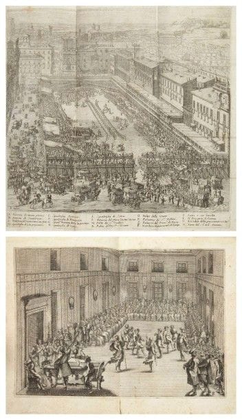 [BENTIVOGLIO (Guido)]

Festa, fatta in Roma, Alli 25. di Febraio MDCXXXIV.
Rome: Vitale Mascardi, (1635). ? In-4, (4 ff.), 135 pp., 12 planches. Vélin souple, double filet doré en encadrement et fleuron doré aux angles sur les plats, dos lisse (reliure de l'époque).

Ce très beau livre de fête italien relate les festivités données à Rome le 25 février 1634 par le Cardinal Barberini en l'honneur de la venue en cette ville du prince Alexandre Charles de Pologne, fils de Sigismond III. Le cardinal organisa notamment des courses et des joutes fastueuses dans un théâtre édifié sur la place de Navone et décoré par Andrea Sacchi. Hélas le prince dut quitter Rome avant les festivités. Ce fut tout de même l'une des plus belles fêtes données à Rome au XVIIe siècle.
Le texte de cette relation fut composé par le cardinal Guido Bentivoglio (1577-1644). L'édition est illustrée d'un titre-frontispice et de 12 belles planches, dont 11 sur double page et une dépliante, gravées d'après les compositions de Sacchi par François Collignon (1609?-1657) qui avait été l'élève de Jacques Callot. Ces planches représentent notamment un ballet ou encore les processions où l'on voit toute la magnificence des costumes. La dernière, dépliante, donne une vue générale du théâtre de la place de Navone, où se déroule une joute.
Exemplaire dans sa reliure de l'époque en vélin doré. Le volume a été réparé et replacé dans sa reliure d'origine (traces de colle à la page 130 et sur la planche en regard, sans gravité), les gardes ont été renouvelées, petit trou sur les deux plats. Les gravures ont été remontées et restaurées pour la plupart, notamment la planche dépliante qui présente également quelques petites déchirures sans manque. Restauration à l'angle supérieur du feuillet *2, quelques mouillures claires.