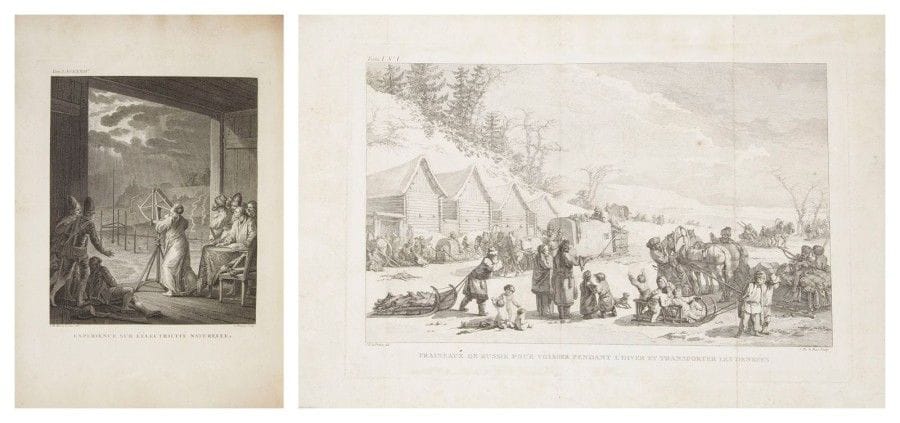 CHAPPE D'AUTEROCHE (Jean)

Voyage en Sibérie, fait par ordre du roi en 1761. (Tome 1).
Et
KRASENINNIKOV. Voyage en Sibérie, contenant la description du Kamtchatka, ou l'on trouve I. Les M?urs & les Coutumes des Habitants du Kamtchatka. II. La Géographie du Kamtchatka, & des Pays circonvoisins. III. Les avantages & les désavantages du Kamtchatka. IV. La réduction du Kamtchatka par les Russes, les révoltes arrivées en différents temps, & l'état actuel des Forts de la Russie dans ce Pays (Tome 2).
Paris: Debure père, 1768. ? 2 tomes de texte en 3 volumes in-4 et un atlas grand in-folio, frontispice, (2 ff.), xxx pp., (1 f.), 347 pp., 28 planches, 1 tableau; (2 ff.), pp. 348-767 mal chiffrées 677, 8 planches; xvj, 627 pp., (2 ff.), 17 planches, 3 cartes; frontispice, 29 cartes (sur 30) pour l'atlas. Demi-basane brune à coins, roulette à dents de rats dorée sur les plats, dos à nerfs orné (reliure moderne).
Boucher de La Richarderie, V, 448.
Édition originale de ce remarquable récit de voyage en Russie, en Sibérie et au Kamtchatka.
Divisé en 2 tomes, le premier est consacré à la relation du voyage de l'astronome Jean Chappe d'Auteroche (1728-1769) en Sibérie, contenant «Les M?urs, les Usages des Russes, et l'Etat actuel de cette Puissance; la Description géographique & le Nivellement de la route de Paris à Tobolsk; l'Histoire naturelle de la même route; des Observations astronomiques, & des Expériences sur l'Electricité naturelle» (titre). Le second propose la traduction française de la description du Kamtchatka du botaniste et explorateur russe Stepan Petrovi? Kra?eninnikov (1711-1755).
Les propos peu élogieux de Chappe d'Auteroche envers les Russes et la Russie provoquèrent la colère de la reine Catherine II qui composa en réponse une réfutation sous la forme d'une brochure intitulée Antidote ou Réfutation du mauvais livre superbement imprimé intitulé: Voyage en Sibérie, etc., fait en 1761, par l'abbé Chappe. 
L'édition est illustrée de deux frontispices, l'un en tête