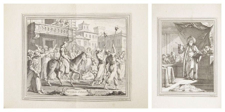 GUER (Jean-Antoine)

Moeurs et usages des turcs, leur religion, leur gouvernement civil, militaire et politique, Avec un abregé de l'Histoire Ottomane.
Paris: Merigot, Piget, 1747. ? 2 volumes in-4, frontispice, (2 ff.), xxiv, 453 pp., (9 ff.), 12 planches; frontispice, (1 f.), viij, 537 pp., (1 f.), 16 planches. Veau marbré, dos à nerfs orné, tranches rouges (reliure de l'époque).
Édition originale, de seconde émission, reconnaissable par les titres de relais datés de 1747 et à l'adresse de Merigot et Piget au lieu d'Antoine-Urbain Coustelier.
Ce livre très populaire, d'une rédaction brillante, a été composé à partir de relations diverses: «j'ai regardé tout ce que ces Ecrivains ont dit comme d'excellens matériaux, dont je pouvois former un nouvel édifice; & en présentant au Public un corps suivi & complet des M?urs & usages des Turcs, j'ai osé me flatter de lui donner un ouvrage qui, sans être privé des agrémens de la nouveauté, réunit sous un même point de vûe différens objets séparés, & peut instruire un Lecteur de beaucoup de détails qu'il ignore» (page xj).
La popularité de l'ouvrage a été également due à la très belle illustration gravée sur cuivre par Claude-Augustin-Pierre Duflos (1700-1786) d'après les compositions de François Boucher (1703-1770) et Noël Hallé (1711-1781). Elle comprend 2 vignettes de titre, 11 bandeaux, 10 culs-de-lampe, 10 lettrines, 2 frontispices et 28 planches figurant des vues, dont celles de la ville, du port et du sérail de Constantinople, des scènes de moeurs et des costumes.
Reliures grossièrement restaurées aux coiffes et aux charnières, quelques épidermures. Intérieur parfaitement conservé malgré une petite déchirure dans la marge haute du feuillet Nn1 dans le premier tome et une déchirure sans manque au feuillet Dd2 dans le second tome.
Provenance: J. Scrive, avec ex-libris recouvrant un autre ex-libris du XVIIIe siècle.
LOT RETIR