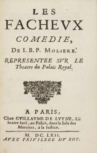 MOLIERE

Les Facheux comédie.
Paris: Guillaume de Luyne, 1662. ? In-12, (6 ff.), 76 pp., (2 ff. dernier blanc). Maroquin rouge, triple filet doré en encadrement sur les plats, dos à nerfs, dentelle dorée intérieure, tranches dorées (A. Motte).
Guibert, I, p. 215. - Vérène de Diesbach-Soultrait, Six siècles de littérature française. XVIIe siècle, II, n° 169.
ÉDITION ORIGINALE dédiée au roi.
Cette pièce est la première comédie-ballet composée par Molière. Elle a été jouée pour la première fois dans une fête donnée au roi par le surintendant Foucquet dans son château à Vaux-le-Vicomte, le 17 août 1661. Les ballets étaient de Beauchamp et d'Olivet, les machines de Torelli et les décors de Le Brun.
L'achevé d'imprimer est daté du 18 février 1662.
L'anomalie que l'on trouve dans la pagination des pièces liminaires a fait courir l'hypothèse, défendue notamment par Guibert, que la préface et le prologue devaient originellement faire allusion à Fouquet et que ces pièces avaient dû être recomposées suite à la disgrâce de ce dernier. Cette hypothèse a été contredite par Vérène de Diesbach-Soultrait dans sa description qu'elle a faite de l'exemplaire de la bibliothèque Bonna, se rapportant aux arguments d'Alain Riffaud: «L'examen du cahier liminaire a, traditionnellement imprimé en dernier, ne montre «aucun élément troublant» et pas un témoignage historique (lettre ou archive) ne vient corroborer la thèse de l'épître à Fouquet. Aussi l'existence éventuelle de cette dernière est-elle définitivement écartée, et le caractère «étrange» du cahier liminaire ne fait que s'inscrire dans la normalité d'une impression théâtrale propre au contexte des imprimeries parisiennes de l'époque».
Très bel exemplaire. La page 76 est correctement chiffrée, comme dans l'exemplaire Bonna.
Provenance: Mortimer L. Schiff, avec ex-libris.