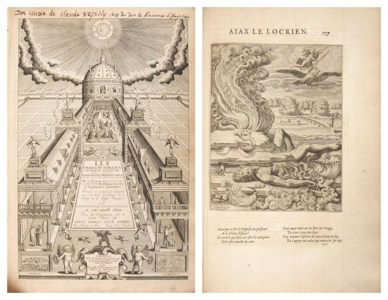PHILOSTRATE DE LEMNOS - PHILOSTRATUS SOPHISTES.
Les Images ou tableaux de platte peinture des deux Philostrates sophistes grecs et les statues de Callistrate.
Paris: Veuve Abel l'Angelier, veuve M. Guillemot, 1614-1615. ? In-folio, tritre-frontispice, (8 ff.), 925 pp. mal chiffrées 921, (24 ff. dernier blanc). Veau havane, triple filet doré en encadrement sur les plats, dos à nerfs orné, tranches dorées (reliure de l'époque).
UN DES PLUS BEAUX LIVRES ILLUSTRÉS DU XVIIe SIÈCLE.
L'édition est dédiée par Françoise de Louvain, veuve d'Abel l'Angelier, à Henry de Bourbon, prince de Condé et comprend une riche illustration gravée en taille-douce, c'est-à-dire un titre-frontispice, un bandeau en tête de l'épître, 2 vignettes dans le texte montrant des instruments de musique et 68 compositions à pleine page, soit 65 pour les Images et 3 pour la Suite, les Héroïques et les Statues.
C'est en 1597 qu'Abel l'Angelier (1574-1610), ami du traducteur Blaise de Vigenère (1523-1596), publia pour la première fois les tableaux des deux Philostrate. En 1609 il eut le projet de proposer une édition nouvelle, sous une forme différente, avec un texte révisé sur l'original grec par Fédéric Morel et des planches gravées en taille-douce accompagnées d'épigrammes composées par Artus Thomas et destinées à résumer le sens moral des figures. Il s'associa pour ce faire avec son confrère Mathieu Guillemot (15..-1610) mais tous les deux disparurent avant la fin du projet qui fut mené à bien par leurs épouses, Françoise de Louvain (1540-1620) et Anne Sauvage (15..-1635?). L'impression fut achevée le 2 janvier 1614.
Le frontispice a été gravé par Jaspar Isaac et représente le séjour des dieux dans l'Olympe. Les 68 compositions à pleine page sont dues à plusieurs artistes, au parmi lesquels Antoine Caron, gravées notamment par Jaspar Isaac, Thomas de Leu et Léonard Gaultier.
Les 3 planches que l'on trouve dans la seconde partie de l'ouvrage, ont été ajoutées par l'éditeur et ne so