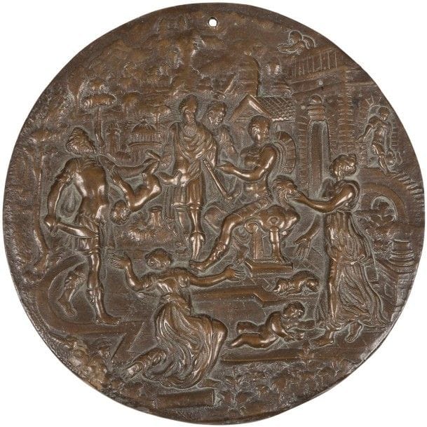 [MÉDAILLE] JUGEMENT DE SALOMON
Médaille ronde en bronze représentant Salomon assis sur son trône écoutant les deux mères dont l’une implore la vie de son enfant tandis que l’autre joue négligemment avec un lion. À gauche de Salomon, deux gardes, dont l’un avec une épée, tiennent un bébé par les pieds. 
Europe, XIXe siècle. 
Diamètre : 14 cm Mots clés : judaica, jewish, hebreu, hebrew, rabbin, synagogue, juif, juive, israélite, hebraica, judaism, torah, juden, sionism