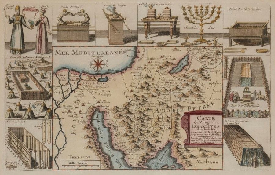 [CARTE GÉOGRAPHIQUE] 
LIEBAUX, Carte du voyage des Israélites. 
Eau-forte rehaussée à l’aquarelle, XVIIe siècle. 
36 x 25,5 cm (à vue, légères pliures au centre) Mots clés : judaica, jewish, hebreu, hebrew, rabbin, synagogue, juif, juive, israélite, hebraica, judaism, torah, juden, sionism