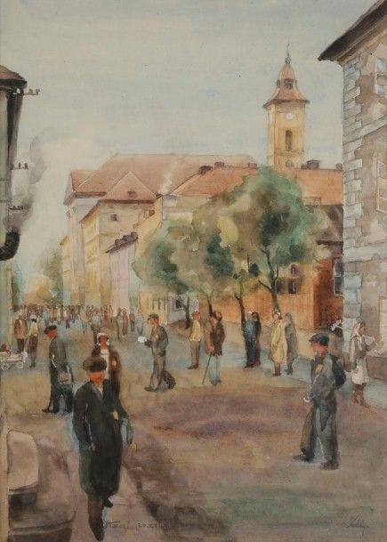 [ÉCOLE DU XXe SIÈCLE] 
Scène de rue à Teresienstadt, 1943
Dessin à l’aquarelle.
Porte une signature non déchiffrée en bas à droite et localisée à Terezhin le 20 Octobre 1943. 
Au premier plan des juifs portent l’étoile jaune. 
39 x 27 cm Mots clés : judaica, jewish, hebreu, hebrew, rabbin, synagogue, juif, juive, israélite, hebraica, judaism, torah, juden, sionism