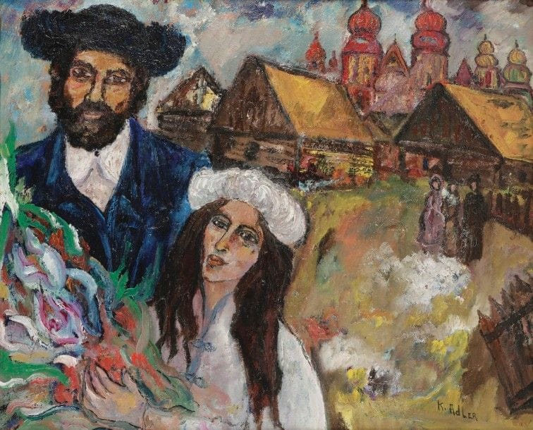 Karol ADLER (né en 1936)
Les mariés juifs
Huile sur toile.
Signée en bas à droite.
60 x 73 cm Mots clés : judaica, jewish, hebreu, hebrew, rabbin, synagogue, juif, juive, israélite, hebraica, judaism, torah, juden, sionism