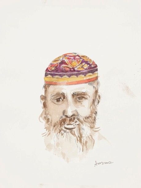 Maurice ARAMA (né en 1934) 
Portrait de juif à la kippah 
Mine de plomb et aquarelle. 
Signé en bas à droite 
27 x 20 cm Mots clés : judaica, jewish, hebreu, hebrew, rabbin, synagogue, juif, juive, israélite, hebraica, judaism, torah, juden, sionism