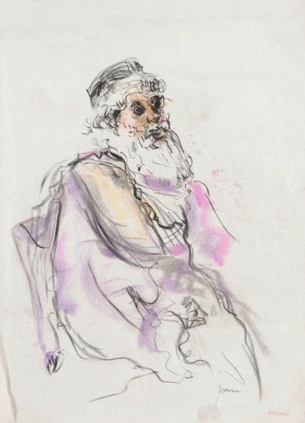 Maurice ARAMA (né en 1934) 
Deux portraits 
Deux dessins au crayon gras et aquarelle. 
Signés en bas à droite.
Pliures. 
53 x 38 cm Mots clés : judaica, jewish, hebreu, hebrew, rabbin, synagogue, juif, juive, israélite, hebraica, judaism, torah, juden, sionism
