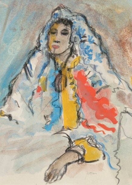 Maurice ARAMA (né en 1934) 
Jeune juive 
Crayon gras, gouache et aquarelle. 
37,5 x 32,5 cm Mots clés : judaica, jewish, hebreu, hebrew, rabbin, synagogue, juif, juive, israélite, hebraica, judaism, torah, juden, sionism