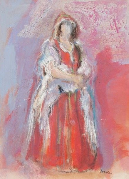 Maurice ARAMA (né en 1934) 
Femme juive à la robe rouge 
Crayon gras, gouache et aquarelle. 
47,5 x 34,5 cm Mots clés : judaica, jewish, hebreu, hebrew, rabbin, synagogue, juif, juive, israélite, hebraica, judaism, torah, juden, sionism