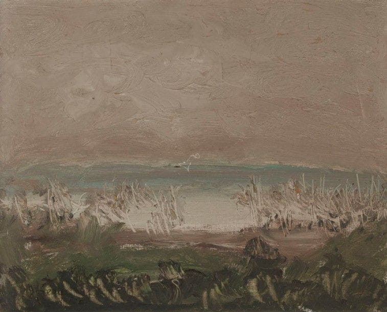 Ghera BENN (Femme de Benn, Peintre) 
Paysage lacustre 
Huile sur carton. 
Signée en bas à gauche. 
33 x 41 cm Mots clés : judaica, jewish, hebreu, hebrew, rabbin, synagogue, juif, juive, israélite, hebraica, judaism, torah, juden, sionism