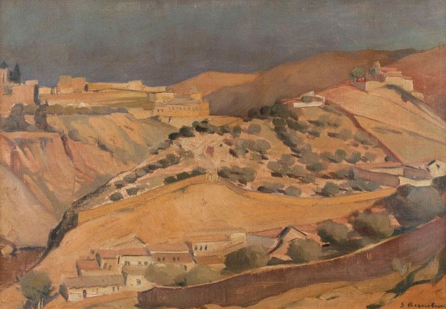 Salomon BERNSTEIN (1886-1968)
Paysage de Palestine
Huile sur toile non montée.
Signée en bas à droite.
38 x 55 cm
 Mots clés : judaica, jewish, hebreu, hebrew, rabbin, synagogue, juif, juive, israélite, hebraica, judaism, torah, juden, sionism