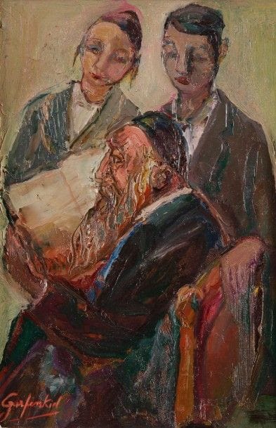 David GARFINKIEL (1902-1970)
Le Maître et ses élèves
Huile sur panneau.
Signée en bas à gauche.
26,5 x 18 cm Mots clés : judaica, jewish, hebreu, hebrew, rabbin, synagogue, juif, juive, israélite, hebraica, judaism, torah, juden, sionism