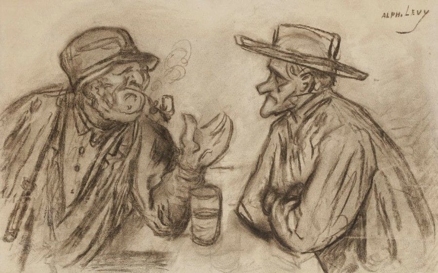 Alphonse LEVY (1843-1918)

Au bistrot
Dessin au fusain.
Signé en haut à droite.
30,5 x 47 cm Mots clés : judaica, jewish, hebreu, hebrew, rabbin, synagogue, juif, juive, israélite, hebraica, judaism, torah, juden, sionism