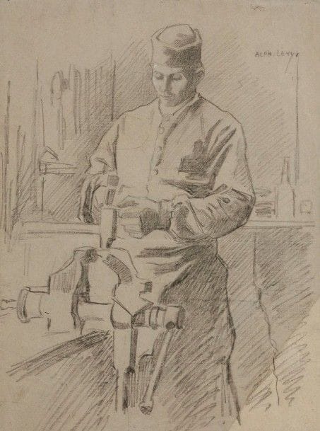 Alphonse LEVY (1843-1918)

à l’établi
Dessin au fusain.
Signé en haut à droite. 
L’angle inférieur droit est coupé et le dessin est prolongé sur un papier collé.
41 x 30 cm Mots clés : judaica, jewish, hebreu, hebrew, rabbin, synagogue, juif, juive, israélite, hebraica, judaism, torah, juden, sionism