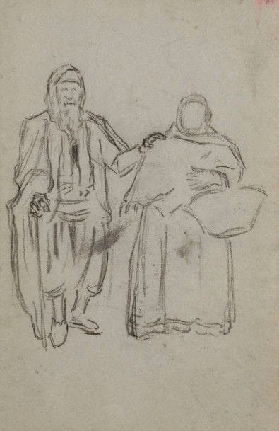 Alphonse LEVY (1843-1918)

Études de personnages 
4 dessins au crayon ou fusain sur une feuille pliée en deux.
48,5 x 62 cm Mots clés : judaica, jewish, hebreu, hebrew, rabbin, synagogue, juif, juive, israélite, hebraica, judaism, torah, juden, sionism
