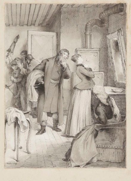 Émile LEVY (1826-1890)
Le brocanteur 
Dessin sur papier Gillot
Signé en bas à gauche 
19,5 x 14 cm 
Dessin préparatoire comportant des annotations manuscrites destinées au graveur afin d’illustrer le conte Madame Léopard : page 113 du livre Contes Juifs de Sacher Masoch. Maison Quentin, Paris, 1888. Mots clés : judaica, jewish, hebreu, hebrew, rabbin, synagogue, juif, juive, israélite, hebraica, judaism, torah, juden, sionism