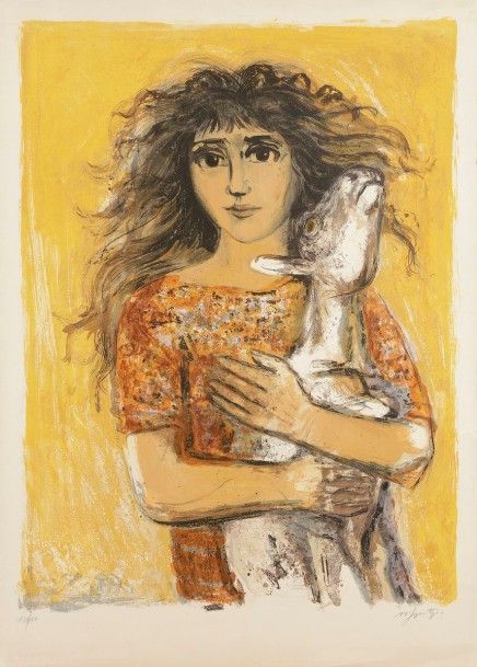 Walter SPITZER (né en 1927) 
La jeune fille à l’agneau 
Lithographie couleur justifiée sur 150 
(Déchirures et pliures en marge)
76 x 50 cm  Mots clés : judaica, jewish, hebreu, hebrew, rabbin, synagogue, juif, juive, israélite, hebraica, judaism, torah, juden, sionism